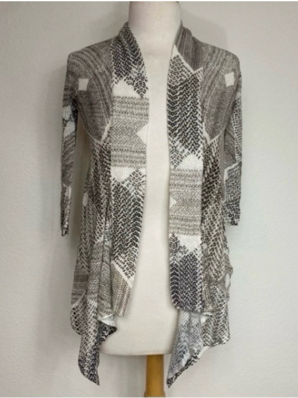 Nic+Zoe Womens White Tan Lightweight Linen Perforated Open Cardigan Size SP Boho